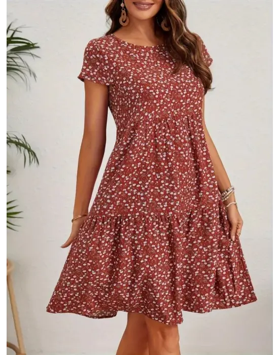 Omarı Çiçek Desenli Kadın Kısa Kollu Elbise