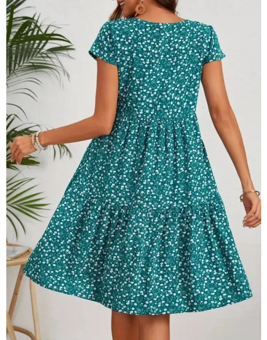 Kadın Kısa Kollu Bisiklet Yaka çiçek Desenli Süprem Elbise