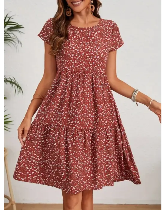 Omarı Çiçek Desenli Kadın Kısa Kollu Elbise