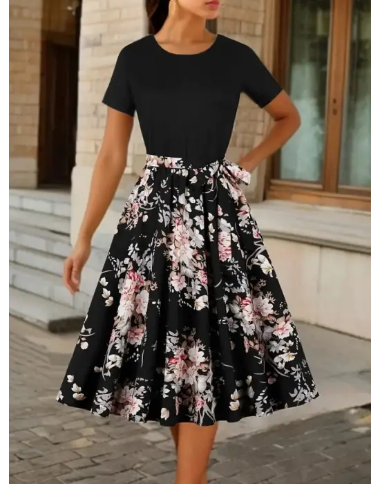 Kadın Kısa Kollu Bisiklet Yaka çiçek Desenli üst Viskon Alt Süprem Kısa Elbise