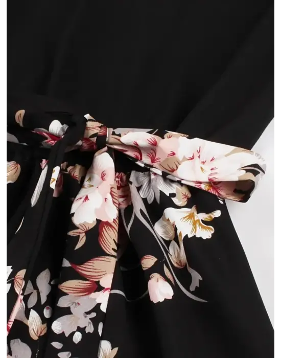 Kadın Kısa Kollu Bisiklet Yaka çiçek Desenli üst Viskon Alt Süprem Kısa Elbise
