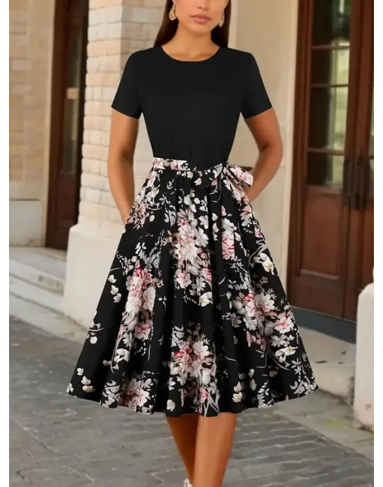 Kadın Kısa Kollu Bisiklet Yaka çiçek Desenli üst Viskon Alt Süprem Kısa Elbise