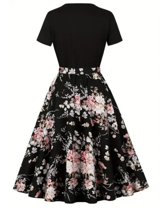 Kadın Kısa Kollu Bisiklet Yaka çiçek Desenli üst Viskon Alt Süprem Kısa Elbise