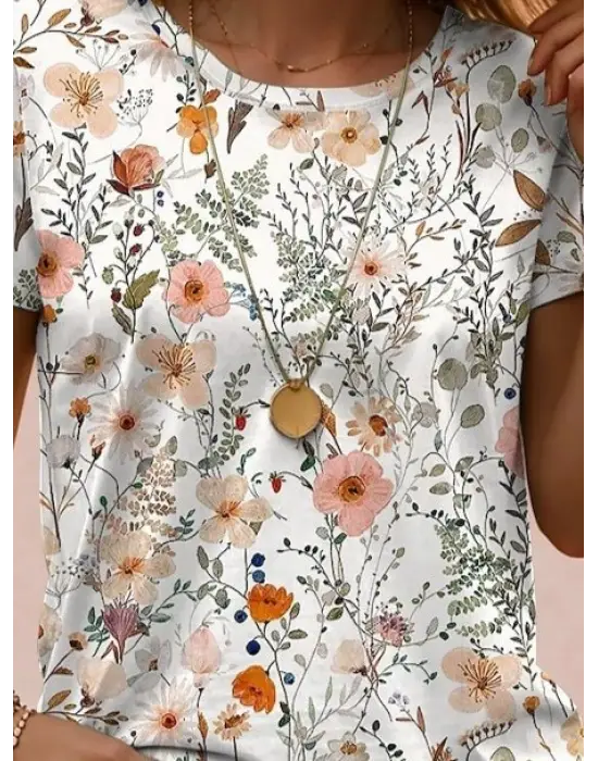 Kadın Kısa Kollu Bisiklet Yaka çiçek Desenli Viskon Bluz
