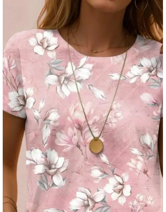 Kadın Kısa Kollu Bisiklet Yaka çiçek Desenli Viskon Bluz