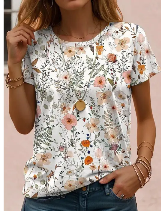 Kadın Kısa Kollu Bisiklet Yaka çiçek Desenli Viskon Bluz