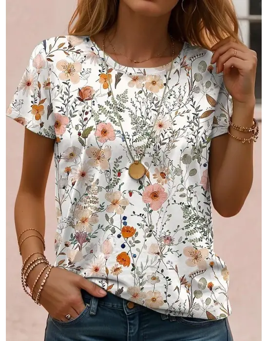 Kadın Kısa Kollu Bisiklet Yaka çiçek Desenli Viskon Bluz