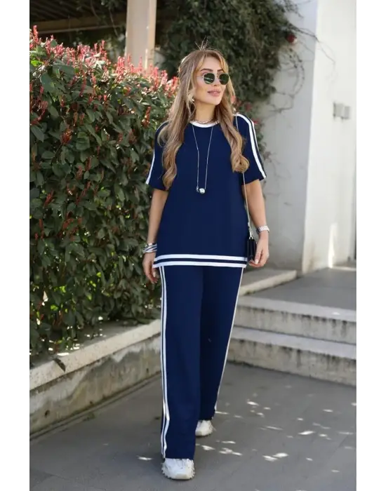Kadın Kısa Kollu Bisiklet Yaka çift Renk şerit Detaylı Viskon Iki Iplik Bluz Ve Pantolon Ikili Takım