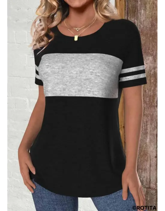 Kadın Kısa Kollu Bisiklet Yaka çift Renkli Viskon Bluz