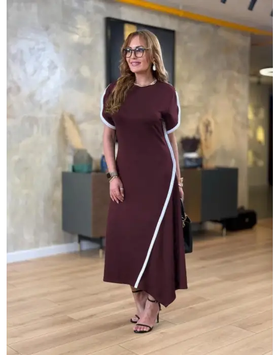 Kadın Kısa Kollu Bisiklet Yaka çift şerit Renk Detaylı Asimetrik Kesim Viskon Iki Iplik Elbise