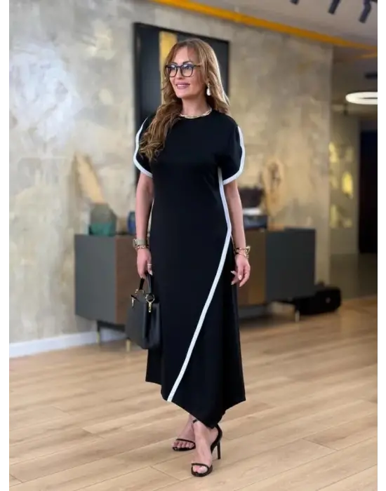 Omarı Çift Şerit Detaylı Asimetrik Kesim Elbise