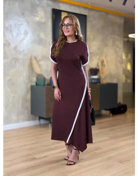 Omarı Asimetrik Kesim Viskon Elbise renk detaylı