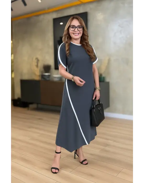 Omarı Asimetrik Kesim Renkli Detaylı Kadın Elbise