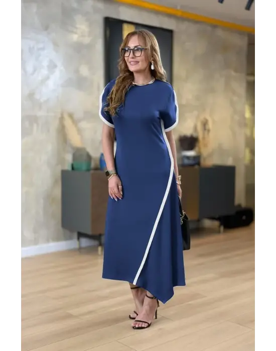 Kadın Kısa Kollu Bisiklet Yaka çift şerit Renk Detaylı Asimetrik Kesim Viskon Iki Iplik Elbise