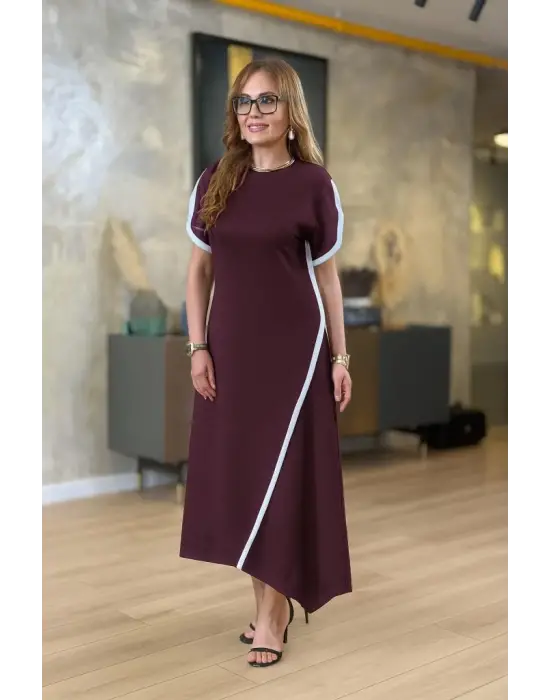 Kadın Kısa Kollu Bisiklet Yaka çift şerit Renk Detaylı Asimetrik Kesim Viskon Iki Iplik Elbise