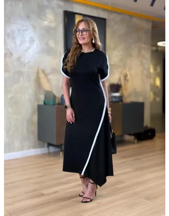 Kadın Kısa Kollu Bisiklet Yaka çift şerit Renk Detaylı Asimetrik Kesim Viskon Iki Iplik Elbise