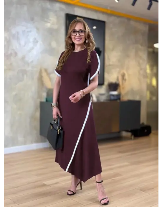 Omarı Asimetrik Kesim Viskon Elbise renk detaylı