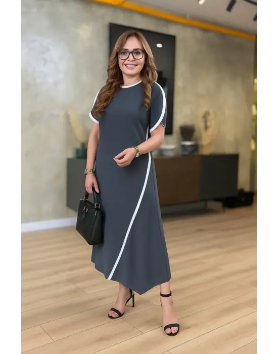 Omarı Asimetrik Kesim Renkli Detaylı Kadın Elbise
