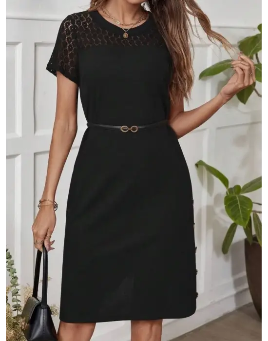 Kadın Kısa Kollu Bisiklet Yaka Dantel Detaylı Düğmeli Modal Elbise