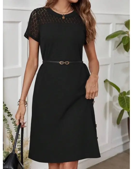Kadın Kısa Kollu Bisiklet Yaka Dantel Detaylı Düğmeli Modal Elbise