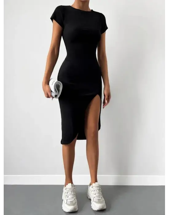 Kadın Kısa Kollu Bisiklet Yaka Derin Yırtmaçlı Kaşkorse Elbise