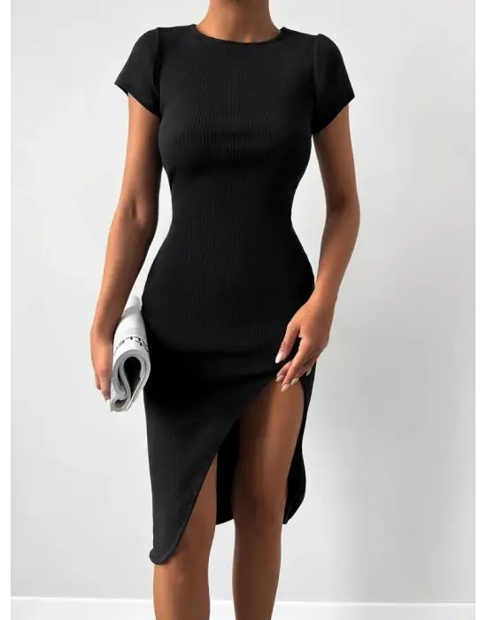 Kadın Kısa Kollu Bisiklet Yaka Derin Yırtmaçlı Kaşkorse Elbise