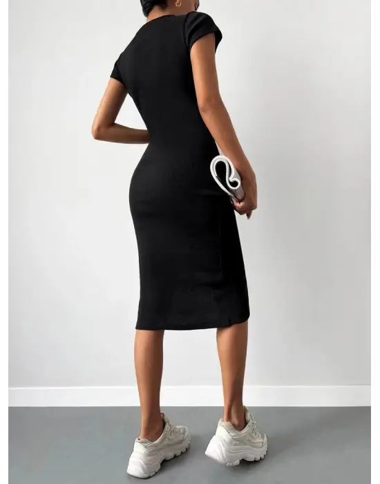 Kadın Kısa Kollu Bisiklet Yaka Derin Yırtmaçlı Kaşkorse Elbise