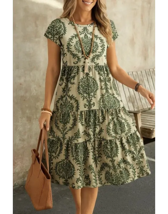Kadın Kısa Kollu Bisiklet Yaka Desenli Fırfırlı Süprem Elbise