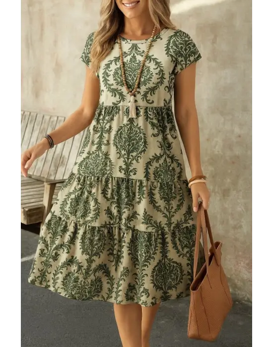 Kadın Kısa Kollu Bisiklet Yaka Desenli Fırfırlı Süprem Elbise