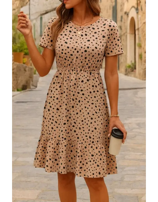 Kadın Kısa Kollu Bisiklet Yaka Desenli Süprem Elbise