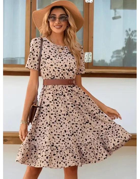 Kadın Kısa Kollu Bisiklet Yaka Desenli Süprem Elbise