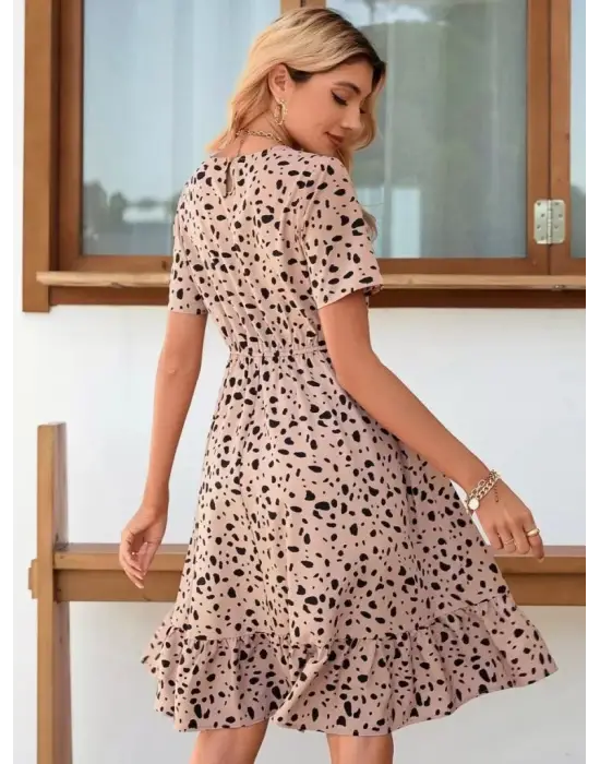 Kadın Kısa Kollu Bisiklet Yaka Desenli Süprem Elbise