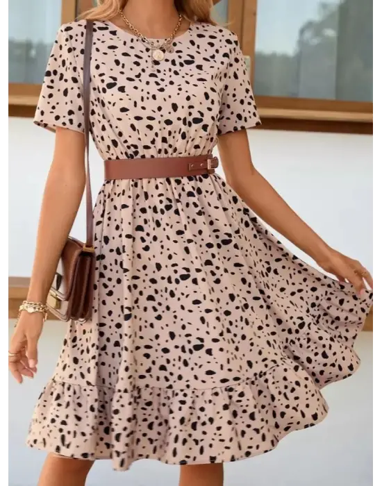 Kadın Kısa Kollu Bisiklet Yaka Desenli Süprem Elbise