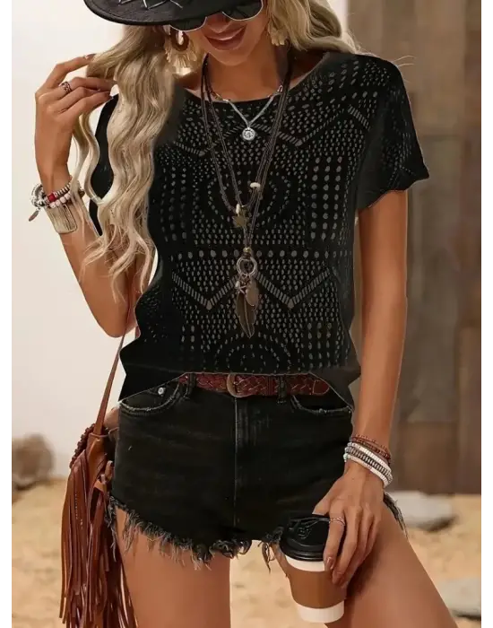 Omarı Desenli Kadın Kısa Kollu Triko Bluz