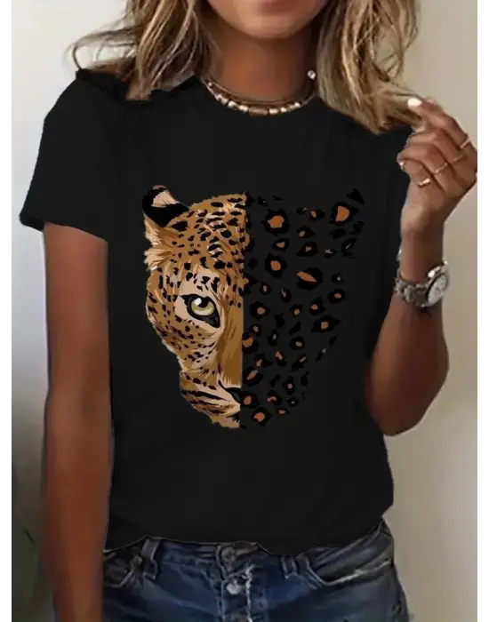 Kadın Kısa Kollu Bisiklet Yaka Desenli Viskon Bluz