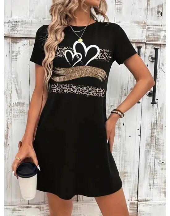 Kadın Kısa Kollu Bisiklet Yaka Desenli Viskon Elbise