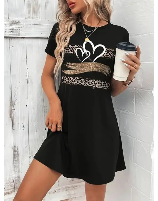 Kadın Kısa Kollu Bisiklet Yaka Desenli Viskon Elbise