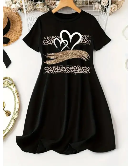 Kadın Kısa Kollu Bisiklet Yaka Desenli Viskon Elbise