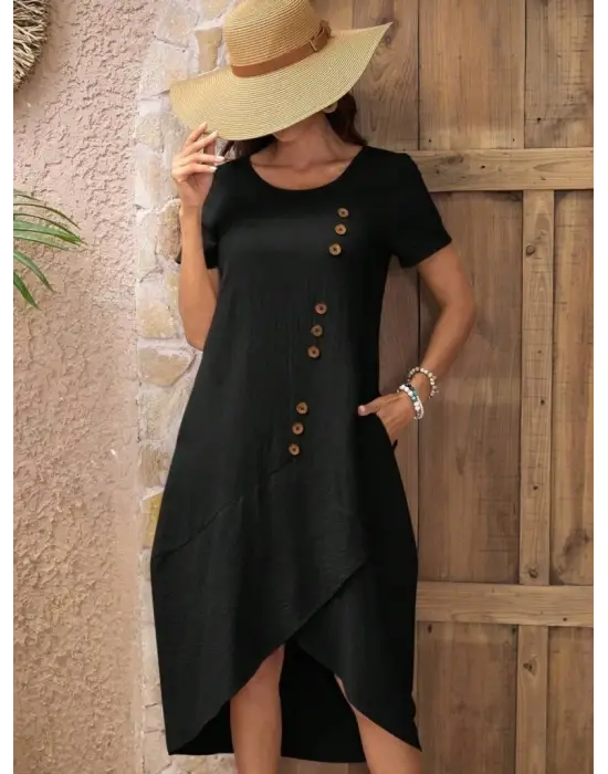 Kadın Kısa Kollu Bisiklet Yaka Düğme Detay Müslim Elbise