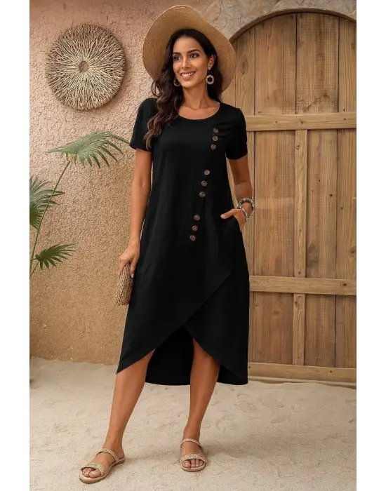 Kadın Kısa Kollu Bisiklet Yaka Düğme Detay Müslim Elbise