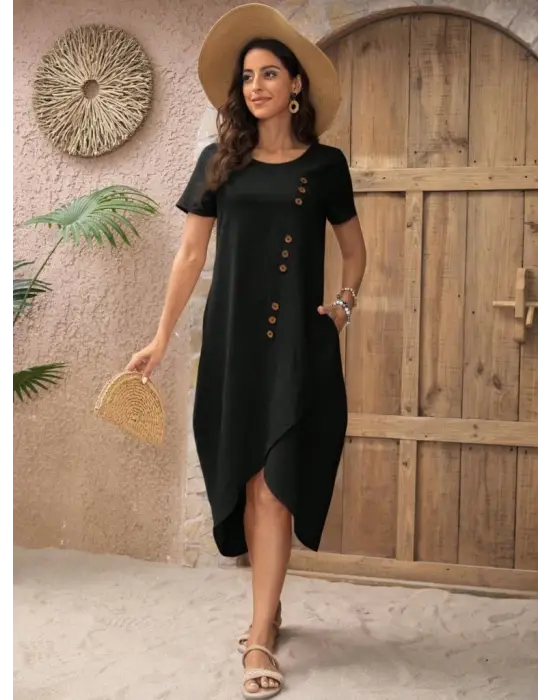 Omarı Düğme Detaylı Kadın Müslim Elbise