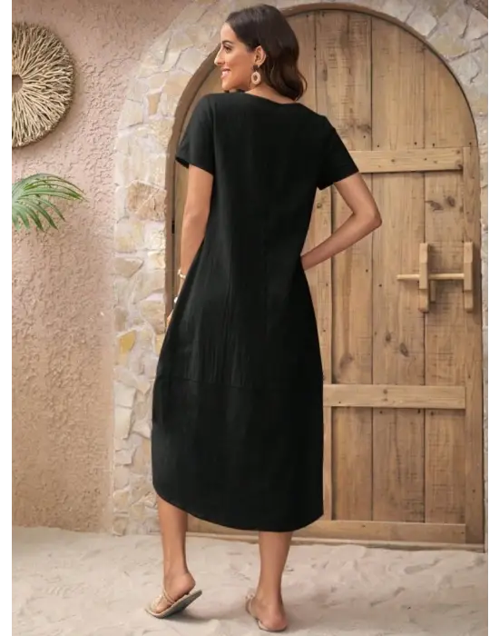 Kadın Kısa Kollu Bisiklet Yaka Düğme Detay Müslim Elbise