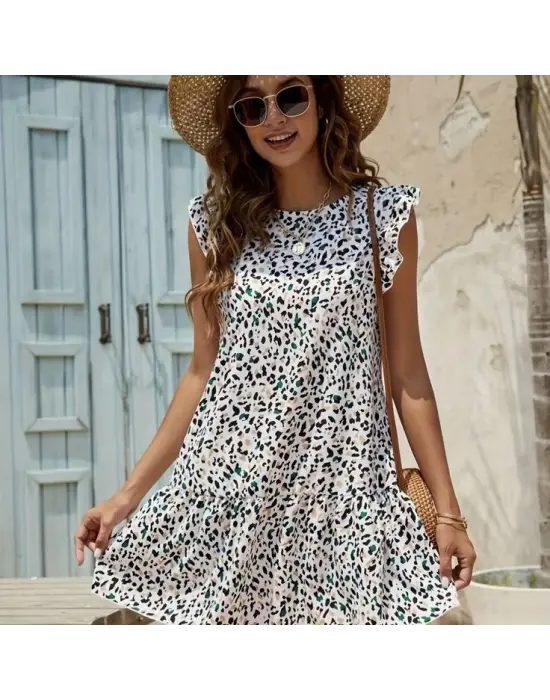 Kadın Kısa Kollu Bisiklet Yaka Etek Ucu Volanlı Kısa Dokuma Elbise