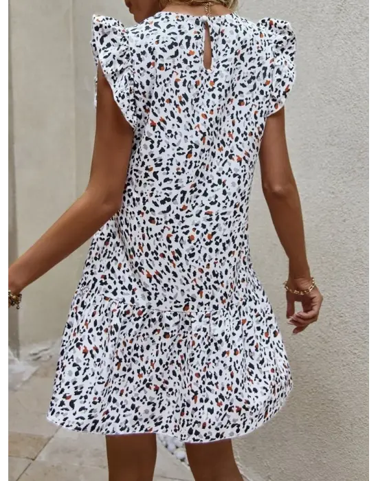 Kadın Kısa Kollu Bisiklet Yaka Etek Ucu Volanlı Kısa Dokuma Elbise