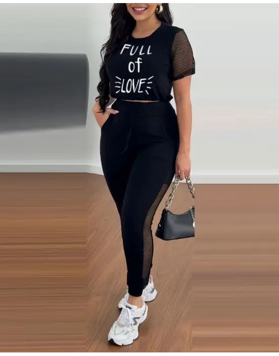 Kadın Kısa Kollu Bisiklet Yaka File Detaylı Viskon Iki Iplik Krop Ve Eşofman Altı Ikili Takım