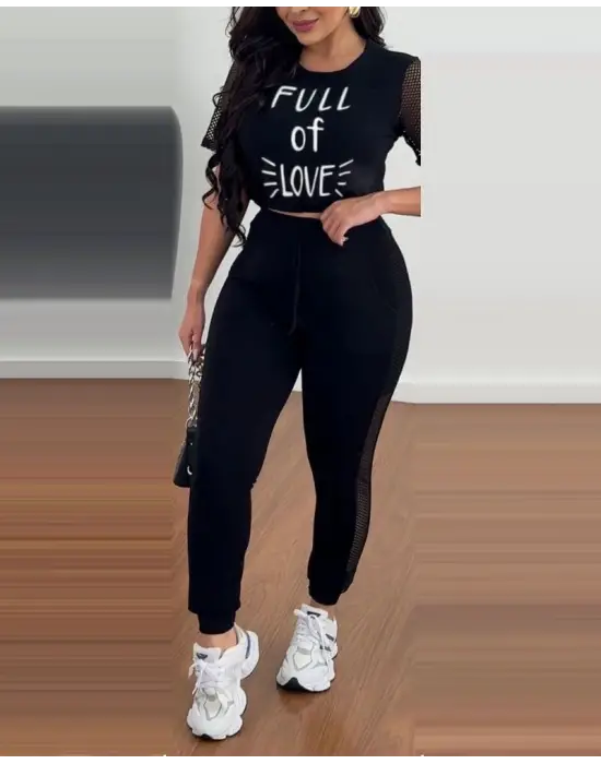 Kadın Kısa Kollu Bisiklet Yaka File Detaylı Viskon Iki Iplik Krop Ve Eşofman Altı Ikili Takım