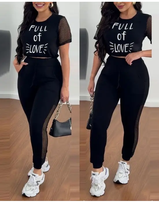 Kadın Kısa Kollu Bisiklet Yaka File Detaylı Viskon Iki Iplik Krop Ve Eşofman Altı Ikili Takım