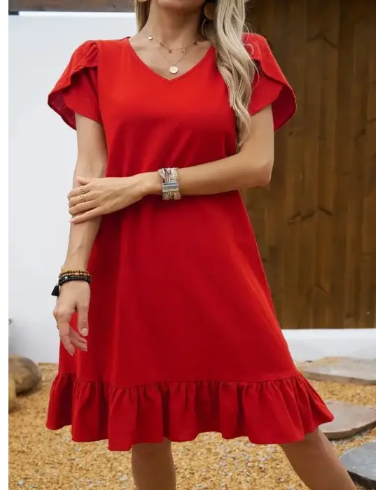 Kadın Kısa Kollu Bisiklet Yaka Fırfırlı Aerobin Elbise