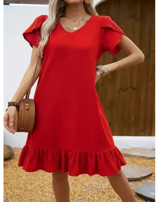 Kadın Kısa Kollu Bisiklet Yaka Fırfırlı Aerobin Elbise