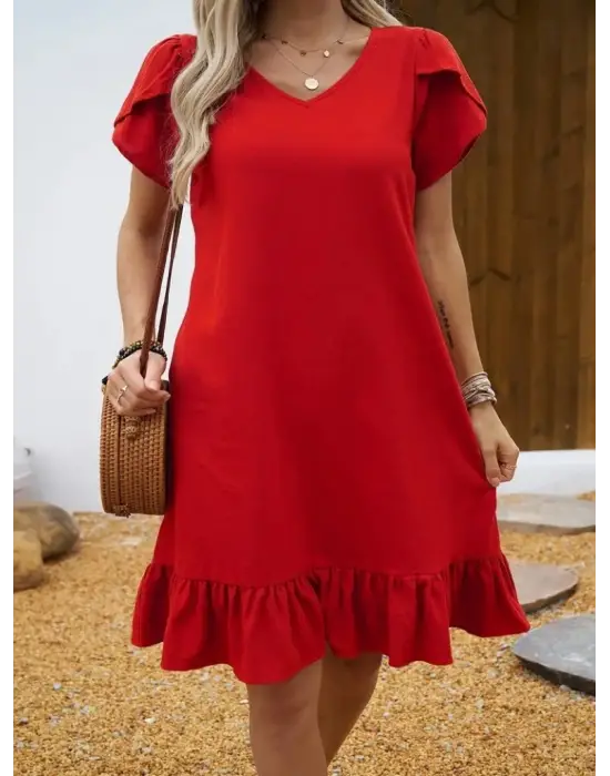 Kadın Kısa Kollu Bisiklet Yaka Fırfırlı Aerobin Elbise